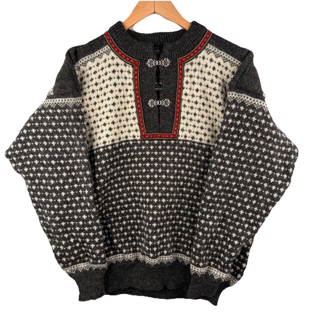 VTG Nordstrikk 100% Virgin Wool Sweater Gray Nordic Fair‎ Isle Toggle Neck SZ-L